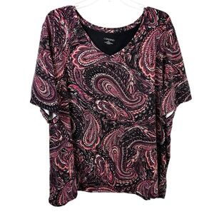 Catherines Plus Size 3X Top 26/28W Pink Black Paisley V-Neck Short Sleeve 1252